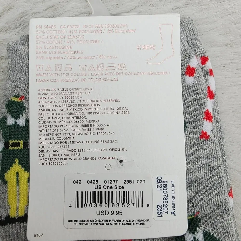American Eagle Gray Angry Elf Holiday Crew Socks NWT One Size Unisex Christmas